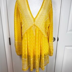 Rose + Olive Boho Peasant Tunic Top L Yellow Swing Festival